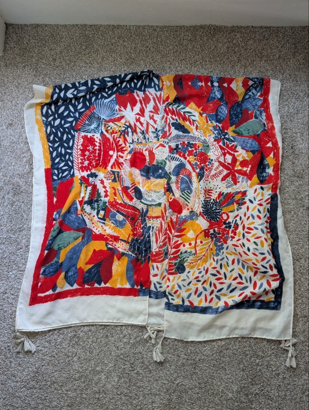Colorful Floral & Leaf Print Wrap Beach Cover Up Shawl With Tassels